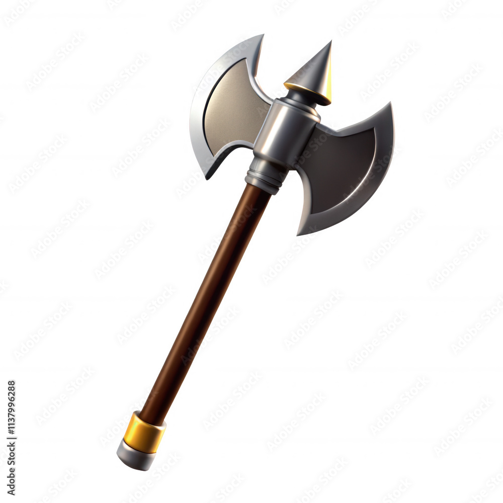 A detailed 3D render of a silver axe featuring a wooden handle, showcasing intricate designs on the blade. Perfect for games or animations. A detailed 3D render of a silver axe featuring a wooden handle, showcasing intricate designs on the blade. Perfect for games or animations.
