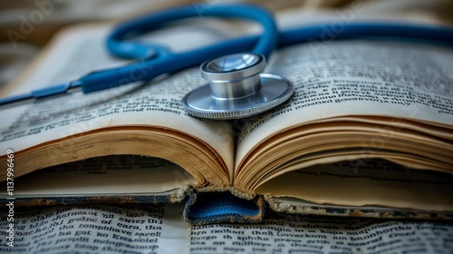 Open medical textbook and stethoscope representing health education and medical study concepts