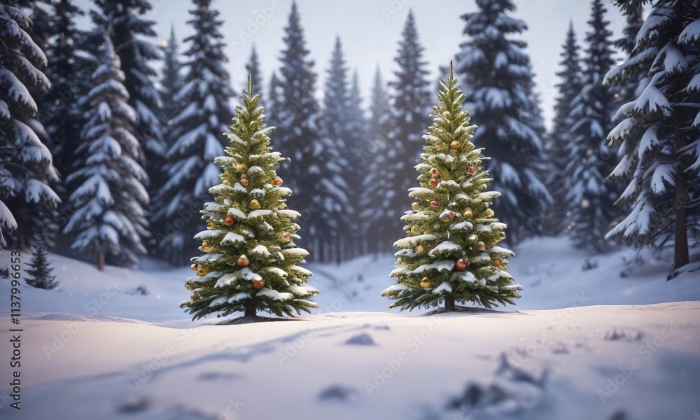 Tall spruce Christmas tree with ornaments and lights in a snow-covered landscape, lights, tall, spruce Tall spruce Christmas tree with ornaments and lights in a snow-covered landscape, lights, tall, spruce