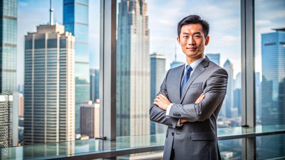 Confident Chinese businessman standing in modern urban office environment with city skyline in background
Confident Chinese businessman standing in modern urban office environment with city skyline in background