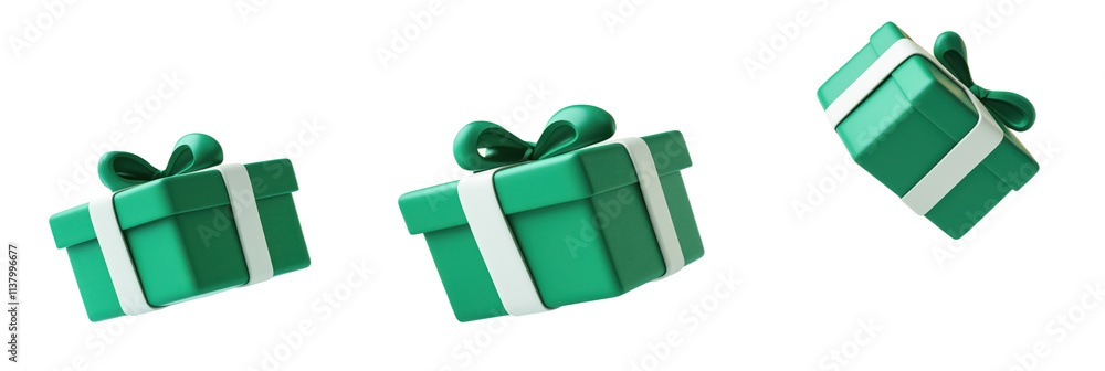Floating green gift boxes with bows, three presents in mid-air, minimalist design, soft background, isolated on transparent background, png Floating green gift boxes with bows, three presents in mid-air, minimalist design, soft background, isolated on transparent background, png