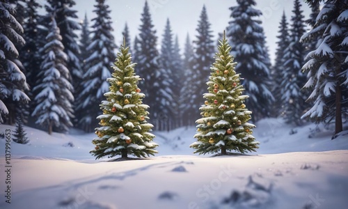 Tall spruce Christmas tree with ornaments and lights in a snow-covered landscape, lights, tall, spruce