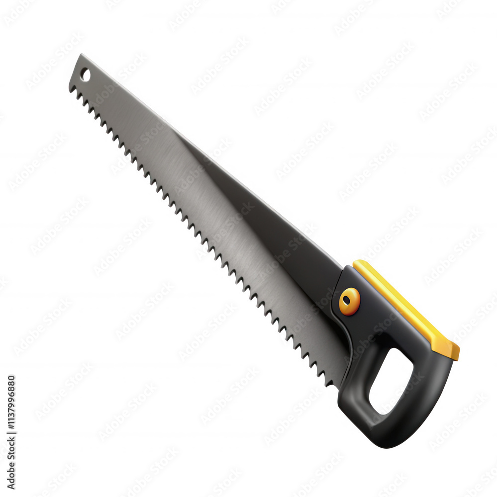 A realistic hand saw rendered in 3D showing its metal blade and ergonomic handle. Ideal for tools and carpentry illustrations. A realistic hand saw rendered in 3D showing its metal blade and ergonomic handle. Ideal for tools and carpentry illustrations.