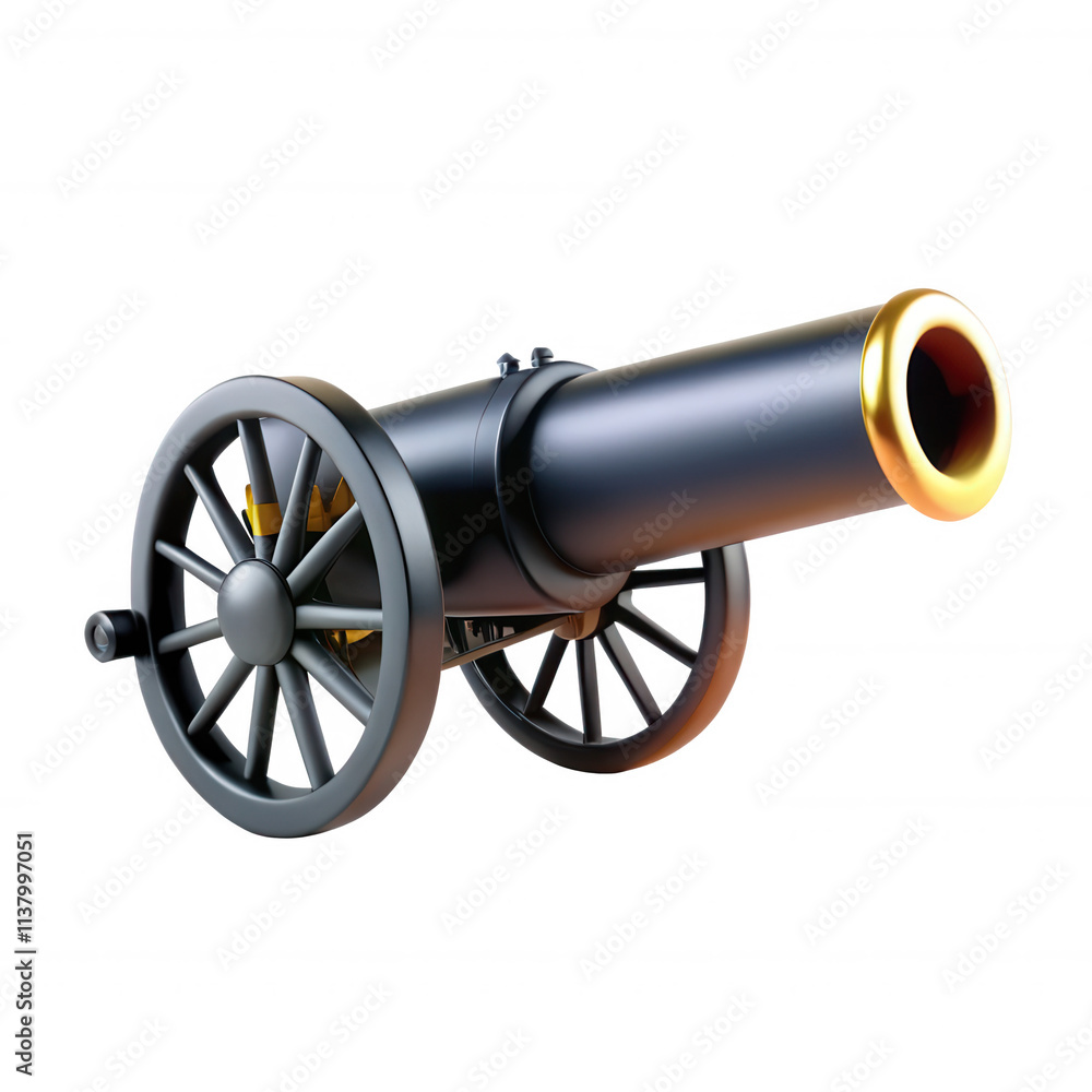 A detailed 3D model of a historic cannon, featuring a black barrel and golden accents, set against a transparent background. A detailed 3D model of a historic cannon, featuring a black barrel and golden accents, set against a transparent background.