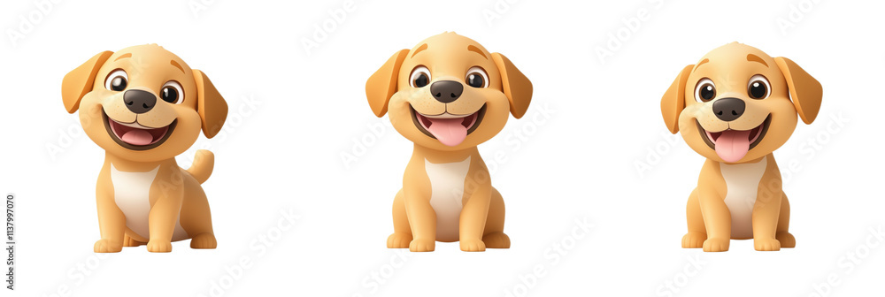 Fototapeta premium Cute cartoon puppies, three smiling golden retriever puppies, playful expressions, bright eyes, cartoon style, white background, isolated on transparent background, png