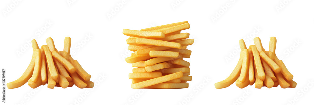 French fries stacks, three arrangements, vibrant yellow color, simple background, isolated on transparent background, png