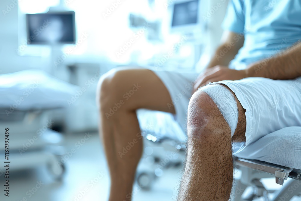 Obraz premium A man with a knee injury sits on a hospital bed, wearing shorts, in a medical environment with blurred equipment in the background.