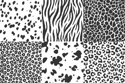A collection of black and white animal skin seamless patterns. Dalmatian fur, zebra stripes, giraffe, cow, leopard, cheetah or jaguar spots. Safari style textures for fashion, textiles, graphic design