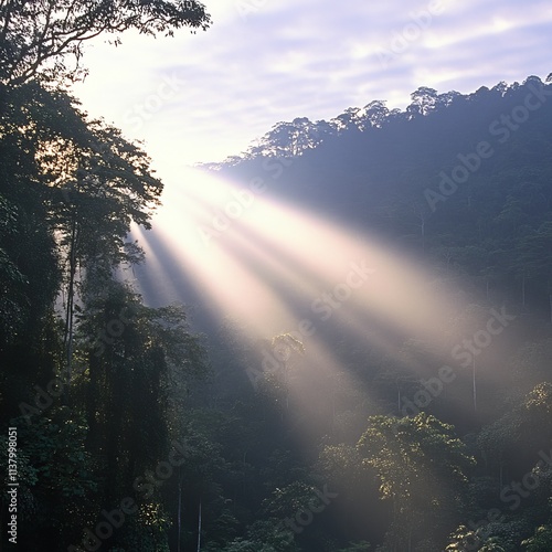 Sunbeams Illuminating Lush Rainforest Canopy at Dawn photo