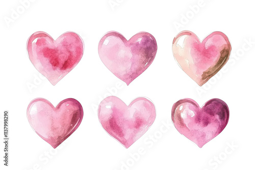 Watercolor hearts in various shades, six hearts displayed, soft pinks and purples, artistic design, isolated on transparent background, png