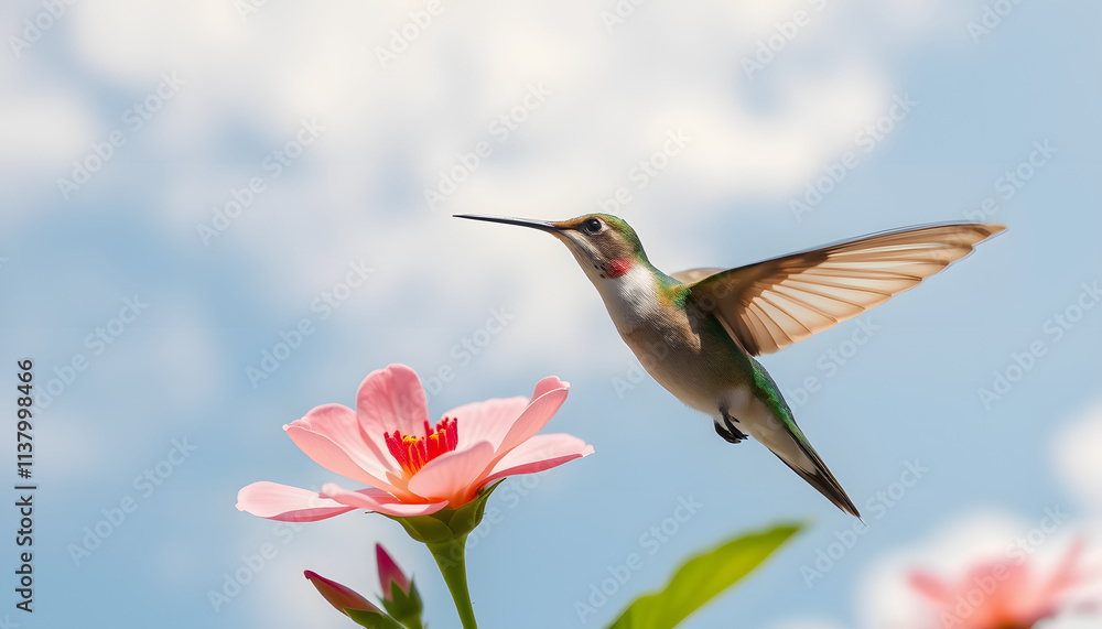 Naklejka premium Tiny Hummingbird in Motion Near a Vibrant Flower Blossom