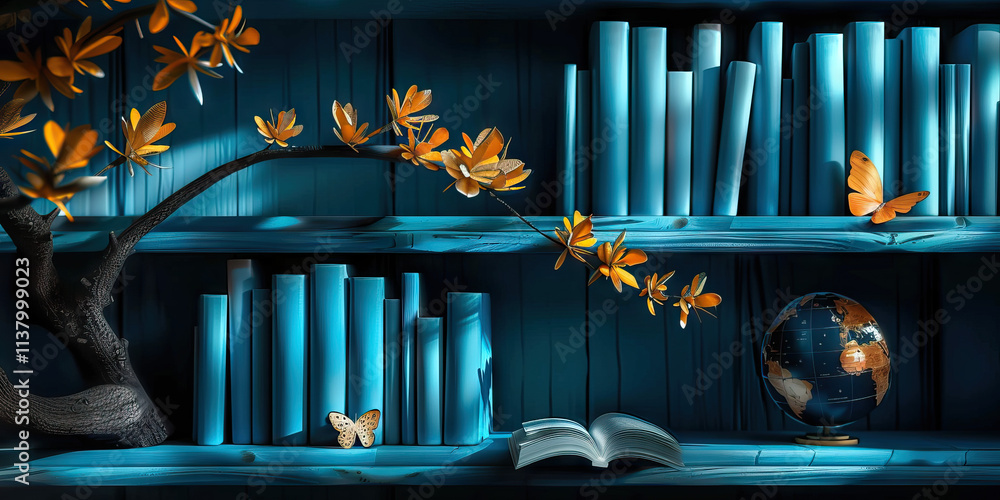 Obraz premium Teal Bookshelf with Globe, Branch, and Butterflies