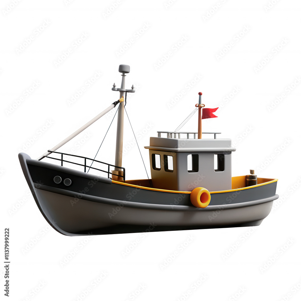 A 3D render of a fishing boat with a dark body and orange accents. It's shown with a flag on top, designed with a playful aesthetic. A 3D render of a fishing boat with a dark body and orange accents. It's shown with a flag on top, designed with a playful aesthetic.