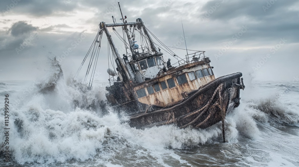 Obraz premium Stranded Fishing Boat Battling Stormy Waves in Rough Sea Conditions