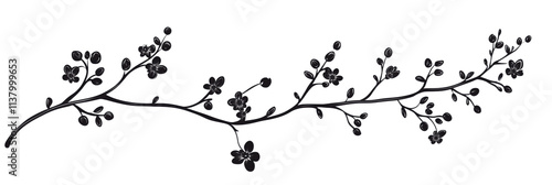 Black floral branch illustration with blossoms and leaves, intricate design, suitable for backgrounds or decorative elements, isolated on transparent background, png