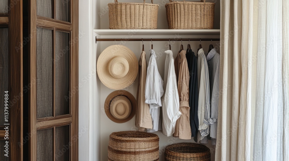Neatly organized built-in wardrobe with casual attire, summer hats, and woven baskets for storage, framed by soft linen curtains. Neatly organized built-in wardrobe with casual attire, summer hats, and woven baskets for storage, framed by soft linen curtains.