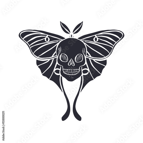 Hand drawn black silhouette of human skull with luna moth wings isolated on white background. Monochrome Bohemian skeleton head with butterfly design