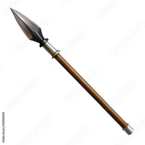 This image features a 3D rendered spear with a polished metal tip and a wooden shaft, showcasing intricate design details suitable for digital artwork.