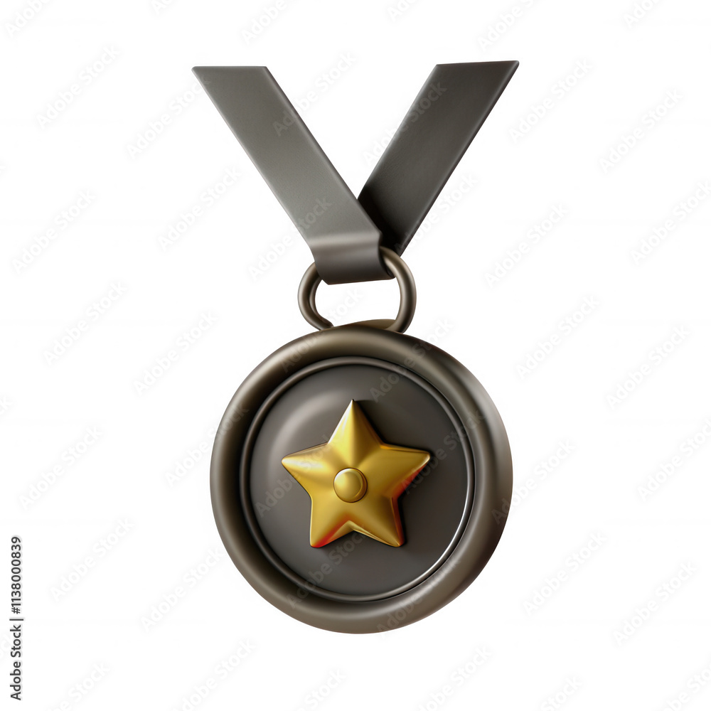 A close-up view of a medal featuring a golden star at its center, suspended from a gray ribbon. The medal symbolizes achievement and recognition in various fields.