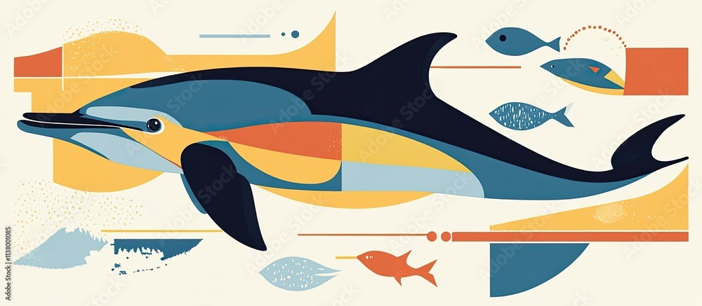Geometric dolphin design with colorful fish. Geometric dolphin design with colorful fish.