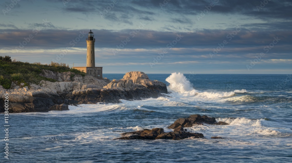 Fototapeta premium Waves crashing on rock formations just off coastline
