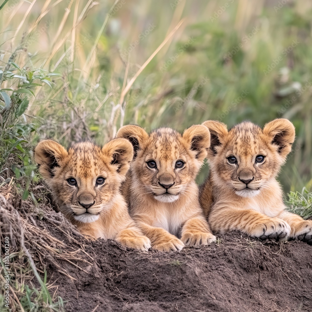 Three Adorable Lion Cubs Huddled Together in Grass Three Adorable Lion Cubs Huddled Together in Grass