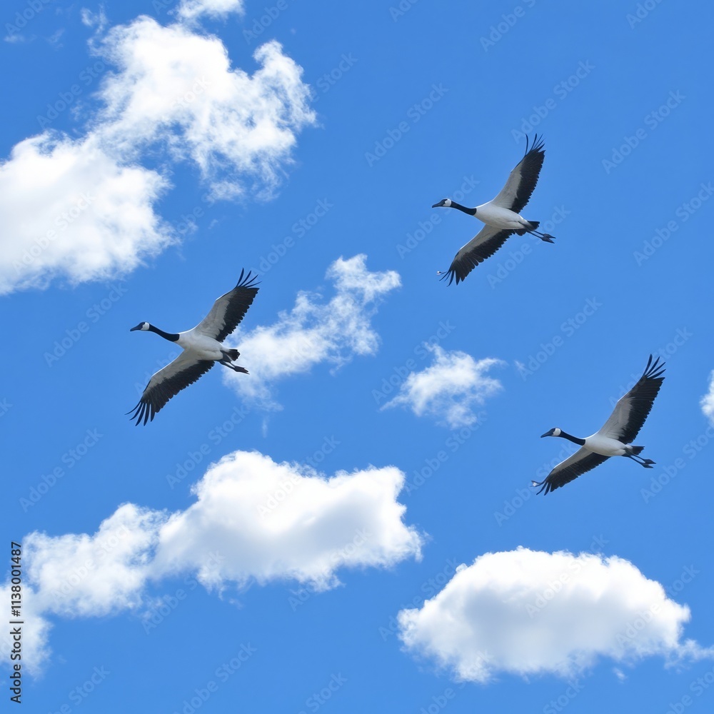 Fototapeta premium Three Cranes Soaring Through a Blue Sky with Fluffy Clouds