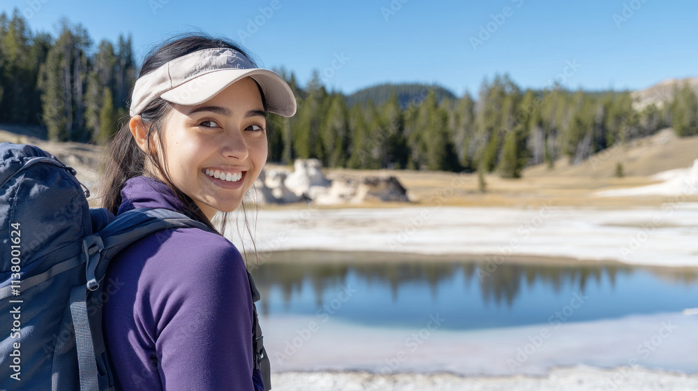Indonesian woman in purple wear standing at Grand Prismatic Pool at Yellowstone National Park Indonesian woman in purple wear standing at Grand Prismatic Pool at Yellowstone National Park