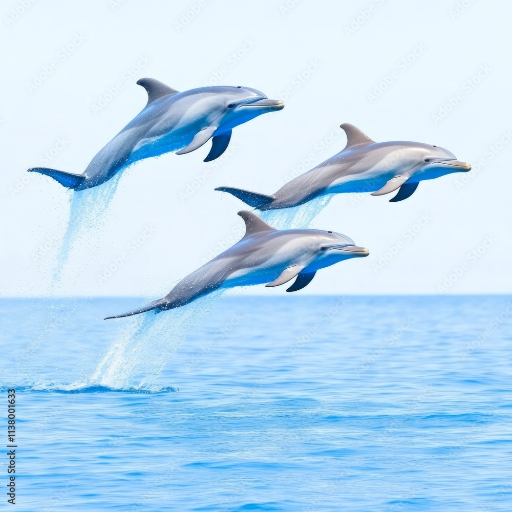 Obraz premium Three Dolphins Leaping Gracefully Through Ocean Waves