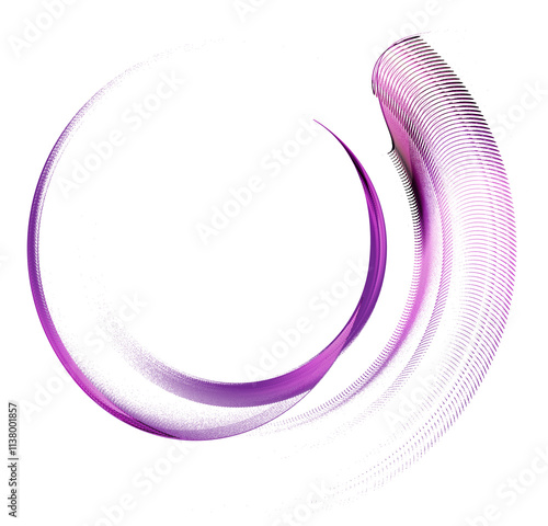 Purple arcs and a striped wavy arc plane form a circular frame on a white background. Icon, logo, symbol, sign. 3D rendering. 3D illustration.