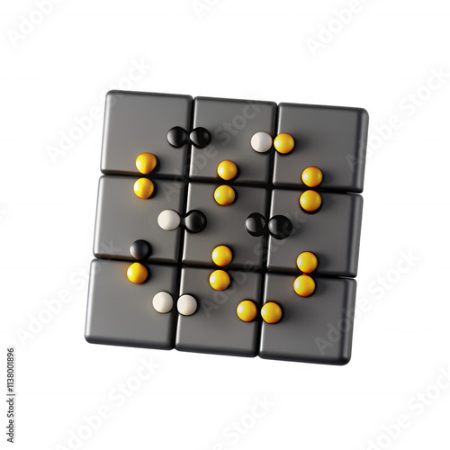 A visually striking 3D model of a game board featuring various colored pieces, including yellow, black, and white. Perfect for game enthusiasts. photo