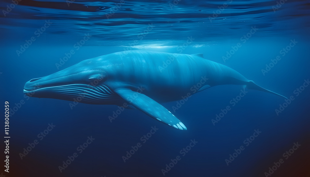 Fototapeta premium Powerful Blue Whale Gliding Through Tranquil Ocean Depths
