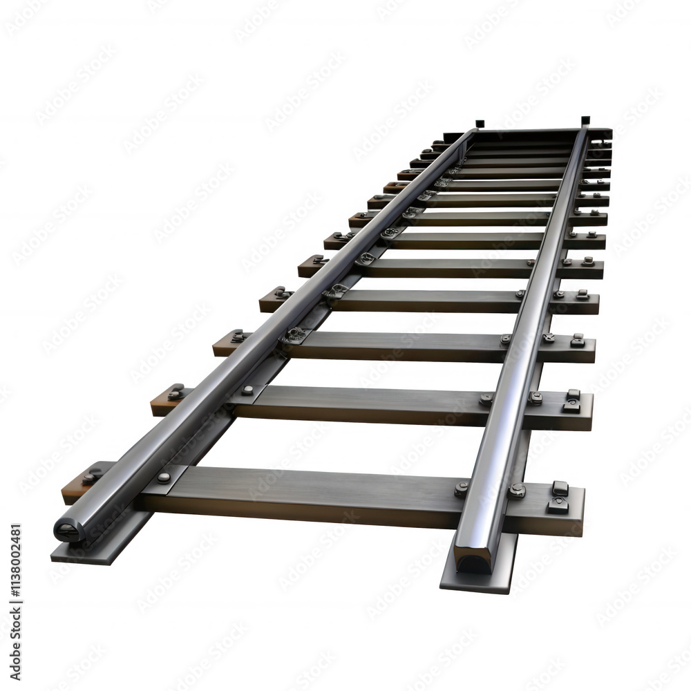 This image displays realistic 3D train tracks rendered in a detailed style, showcasing the railway's metal components and wooden ties against a black background. This image displays realistic 3D train tracks rendered in a detailed style, showcasing the railway's metal components and wooden ties against a black background.