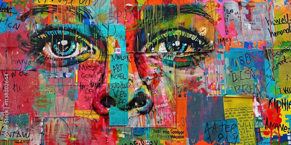 Fototapeta premium Collage Artwork with Two Eyes and Graffiti Text