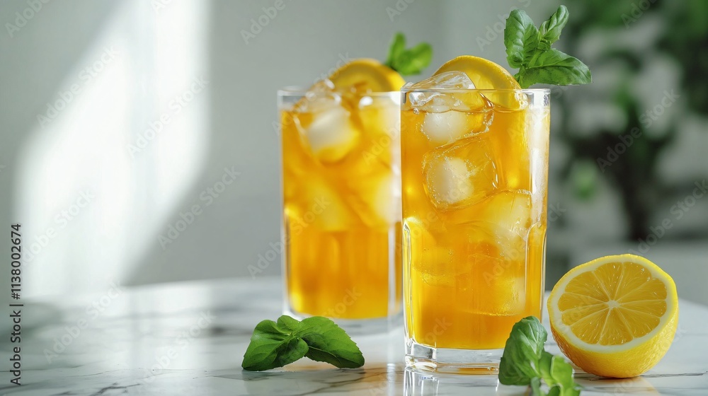 Two refreshing lemon iced teas garnished with fresh mint leaves, perfect for a warm day. Two refreshing lemon iced teas garnished with fresh mint leaves, perfect for a warm day.
