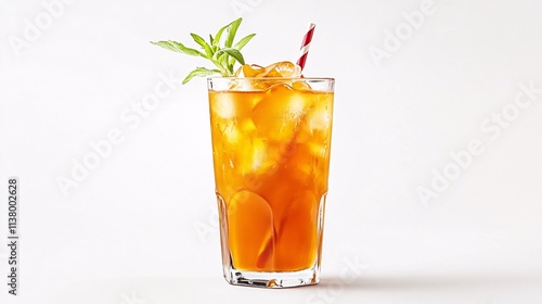 Refreshing iced tea with a sprig of mint and a striped straw, perfect for a hot day. photo