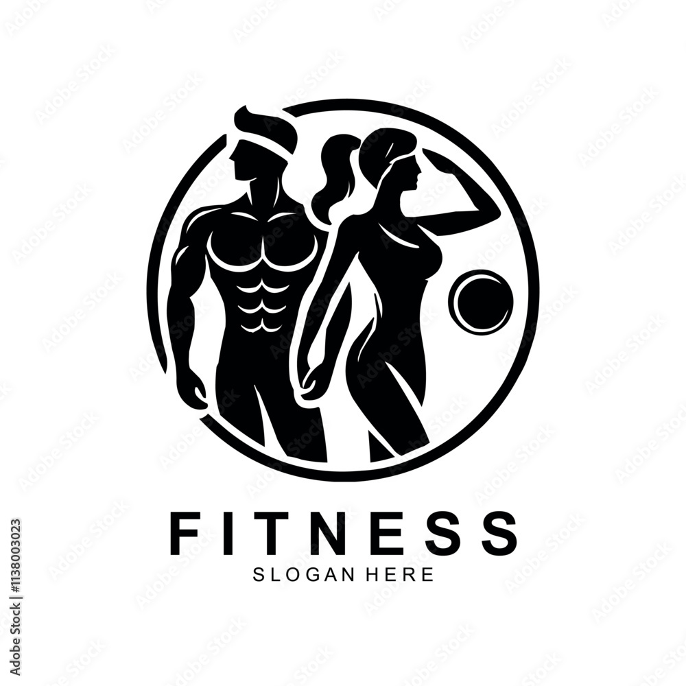 Fitness logo, Gym logo design template, with silhouettes of bodybuilders, vector illustration Fitness logo, Gym logo design template, with silhouettes of bodybuilders, vector illustration