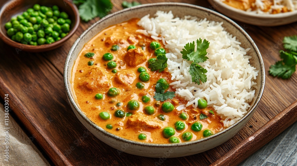 A delicious bowl of creamy curry with chicken and green peas, served with fluffy white rice, garnished with fresh cilantro. A delicious bowl of creamy curry with chicken and green peas, served with fluffy white rice, garnished with fresh cilantro.