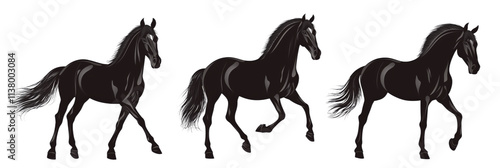 Black horses in motion, three distinct poses showcasing elegance and strength, detailed flowing manes and tails, dynamic movement, isolated on transparent background, png photo