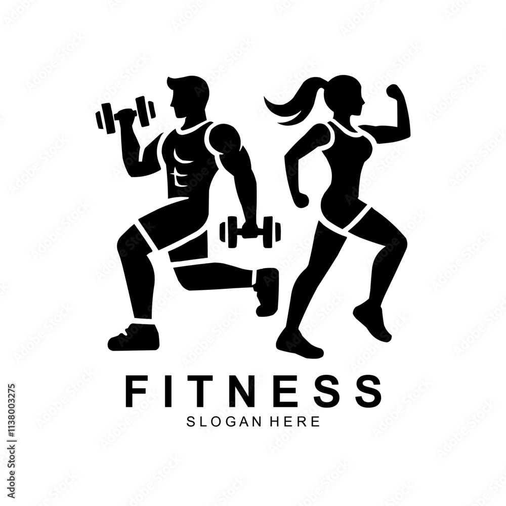 Fototapeta premium Fitness logo, Gym logo design template, with silhouettes of bodybuilders, vector illustration