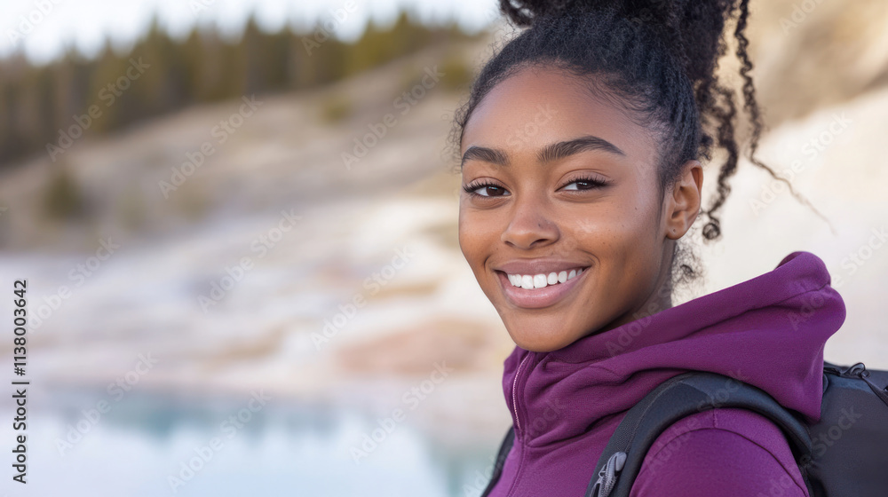 African woman in purple wear standing at Grand Prismatic Pool at Yellowstone National Park African woman in purple wear standing at Grand Prismatic Pool at Yellowstone National Park