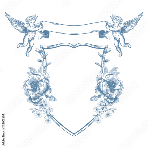 Botanical blue wedding crests on white background. Hand drawn floral, flower monogram in toile de jouy style. Line art for wedding, monogram, invitation, greeting, logo, birthday cards