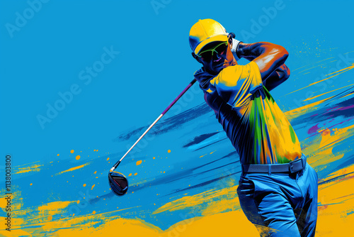 Abstract illustration of a golfer in action with full of energy against a vibrant color. Concept illustration.

