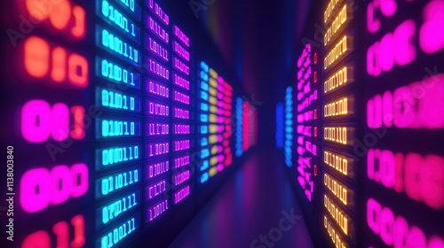 Quantum machines and computing development  A vibrant  futuristic corridor illuminated by colorful digital displays  showcasing a pattern of binary code and abstract designs.