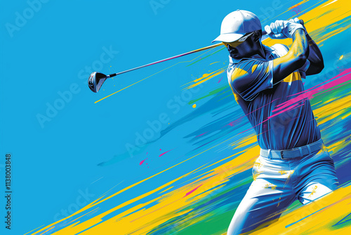 Abstract illustration of a golfer in action with full of energy against a vibrant color. Concept illustration.


