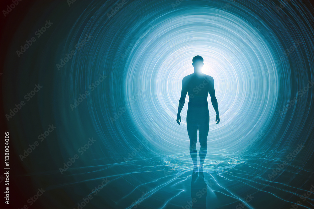 Simplified visual concept of a human aura represented as radial waves in a serene blue gradient, clean minimalist design. Simplified visual concept of a human aura represented as radial waves in a serene blue gradient, clean minimalist design.