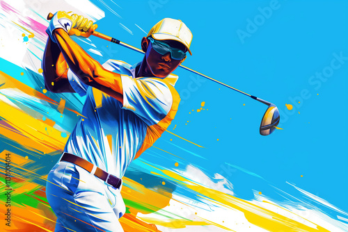 Abstract illustration of a golfer in action with full of energy against a vibrant color. Concept illustration.

