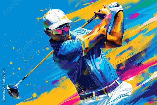 Abstract illustration of a golfer in action with full of energy against a vibrant color. Concept illustration.

