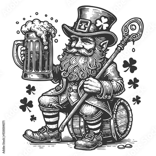 leprechaun sitting on a barrel, holding a frothy beer mug and a decorative staff, surrounded by shamrocks sketch engraving generative ai vector illustration. Scratch board. Black and white image.