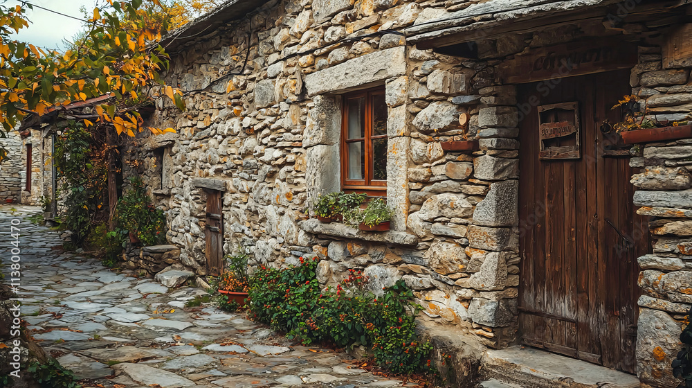 Charming rustic stone house with autumn foliage and cobblestone path Charming rustic stone house with autumn foliage and cobblestone path